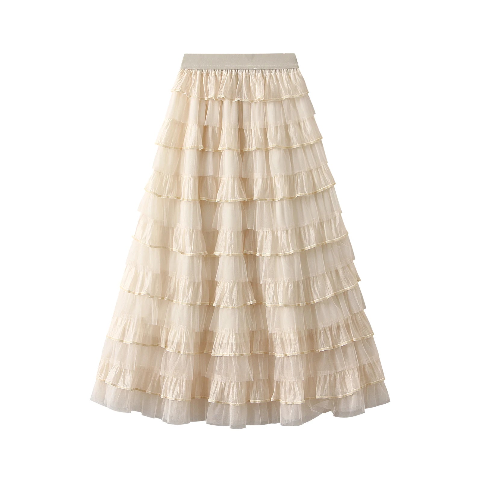 Aiertu  -  Summer 2026 Long Cake Skirt Women Solid Color High Rise Layered Ruffled A-line Tulle Skirt for Daily Office Aiertu