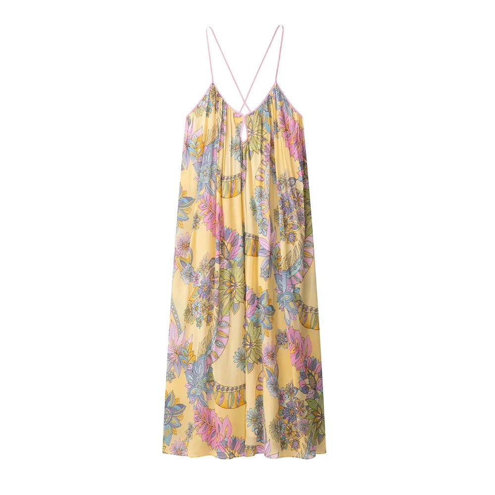 Aiertu  -  Retro Printing Camisole Dresses for Women Square Collar Sleeveless Loose Waist Bohemian Casual Style Dress Female Aiertu