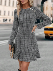 Aiertu  -  Stripe Knit Elegant Mini Dress Female High Waist Patchwork Ruffle Short Dresses Women's Commuting Vintage Knitwear Dress Aiertu