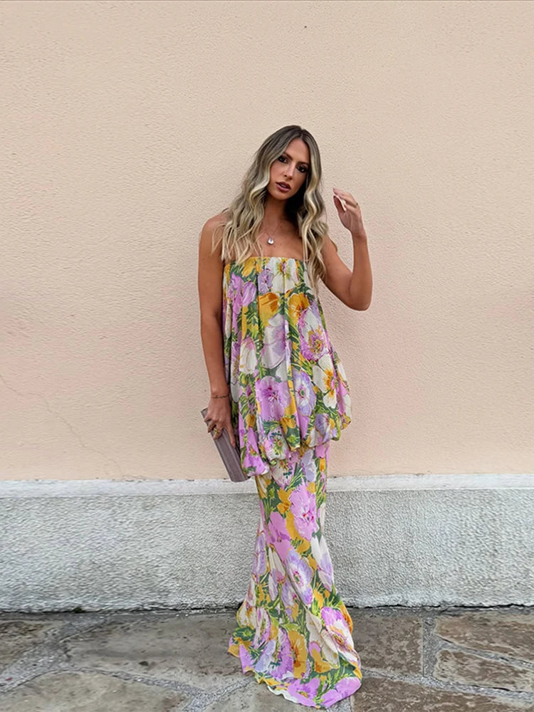 Aiertu  -  Strapless Layered Printed Dress Flower Off Shoulder Backless Layers Slimming Seaside Beach Women Long Dress Fashion Robes Summer Aiertu