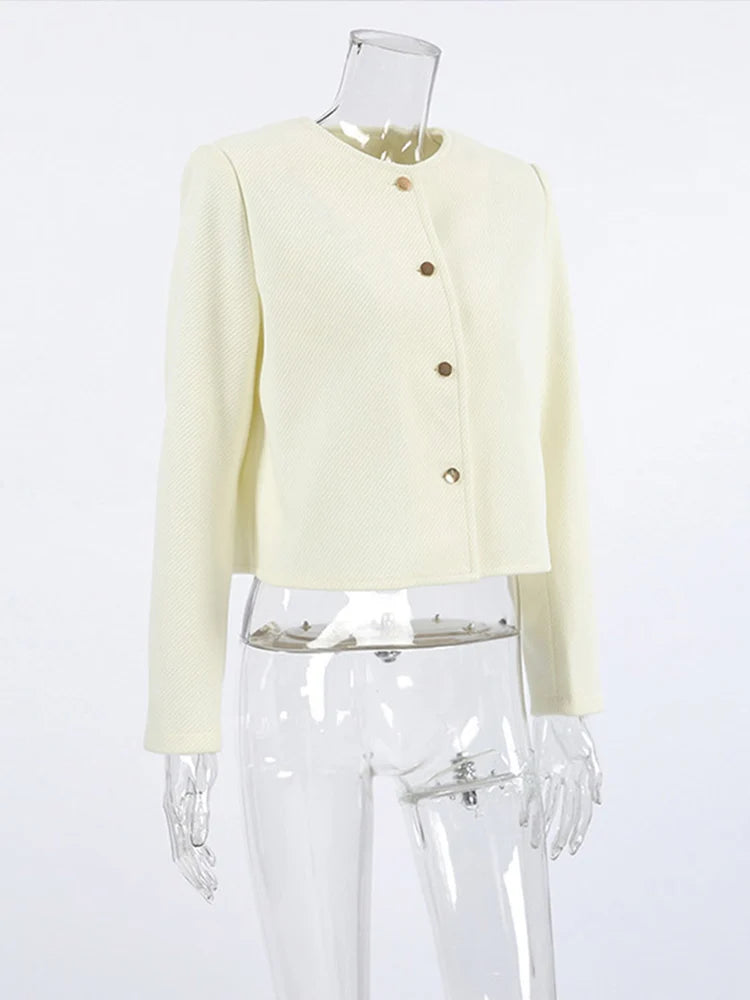 Aiertu  -  Women Elegant White Single Breasted Cropped Jacket Autumn Lady Long Sleeve O-neck Short Coat Fashion Female Commuting Outerwear Aiertu