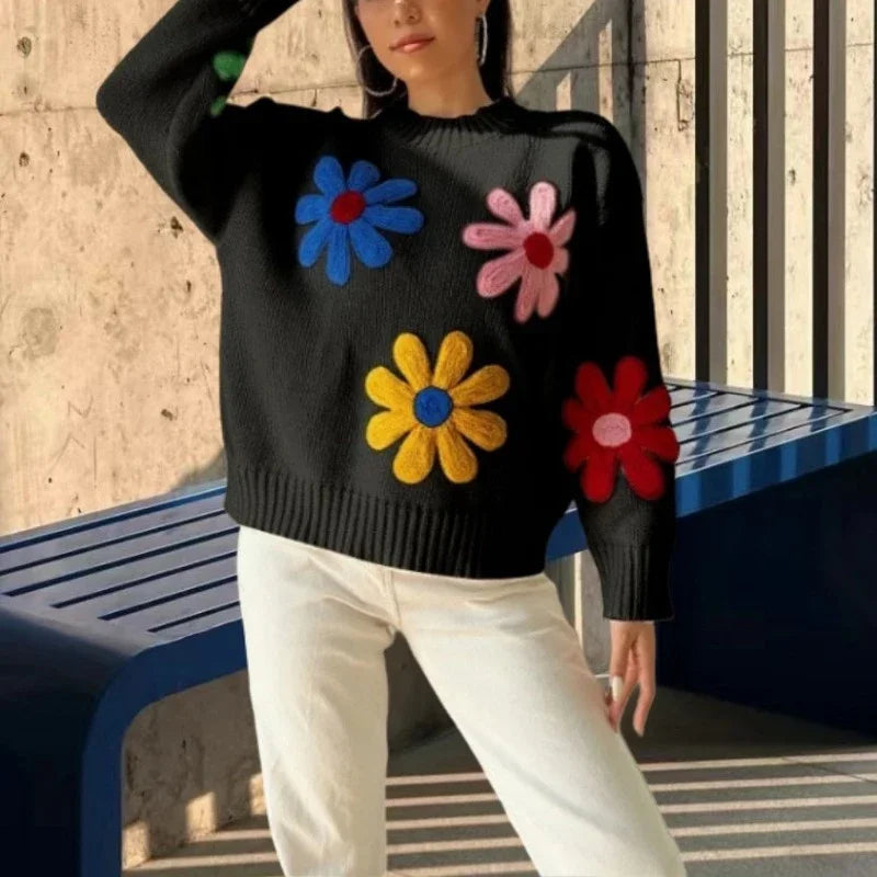 Aiertu  -  Crochet Flower Pullover Knitted Sweater Women's Fashion Loose Lantern Long Sleeve Embroidery Knit Top Streetwear Fashion Aiertu