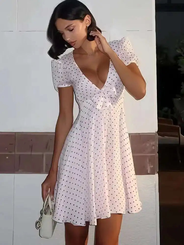 Aiertu  -  Summer New Print Polka Dot Zipper Women Dress Blue Short Sleeve V-neck Bandage Mini Dress Summer Slim Elegant Streetwear Aiertu