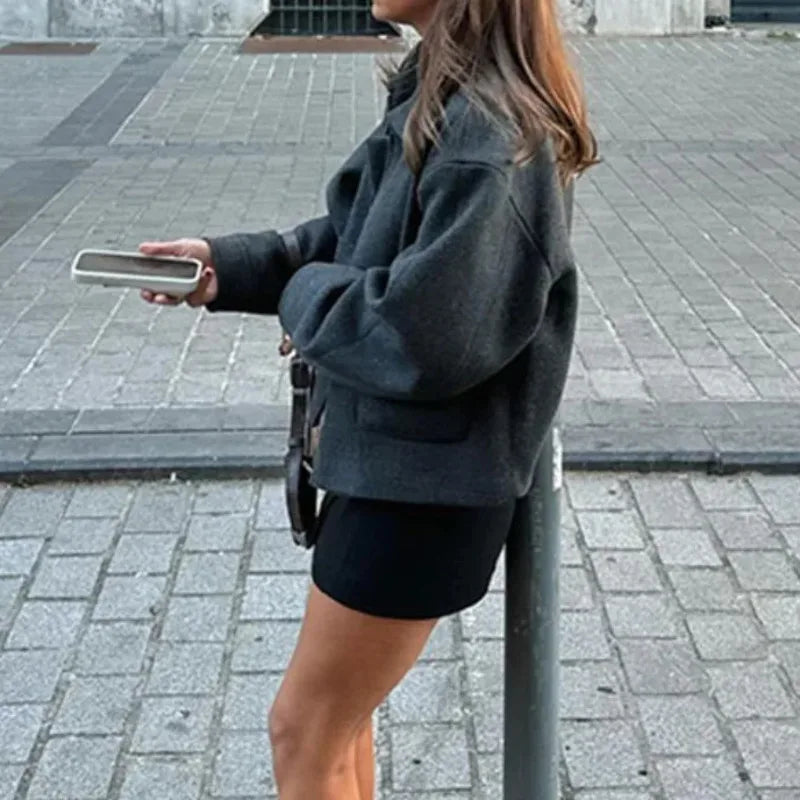 Aiertu  Chic Solid Lapel Zipper Women Coat Casual Long Sleeve Pocket Short Jackets Autumn Winter Ladies Commute Highstreet Outwear Aiertu