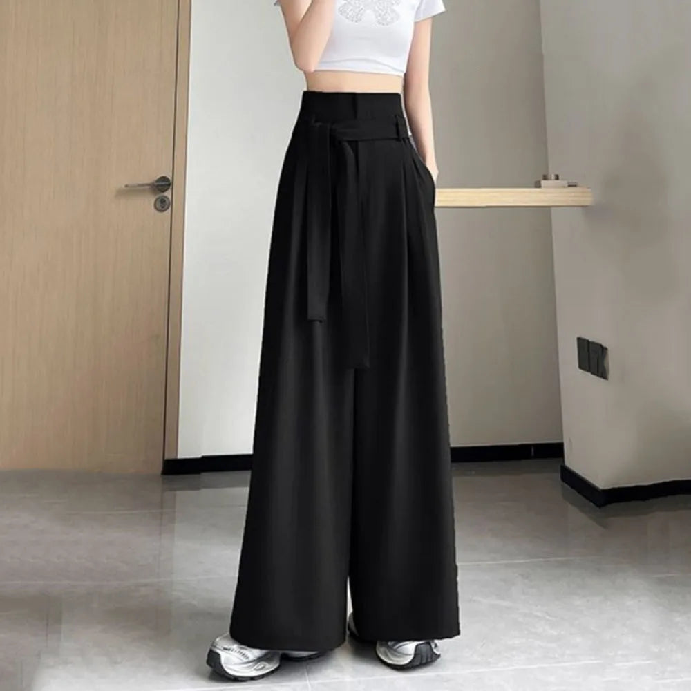 Aiertu  -  Fashion Women Wide Leg Pants Thin Summer High Waist Solid Color Trousers Ladies Elegant Lace-up  Drape Temperament Street Pants Aiertu