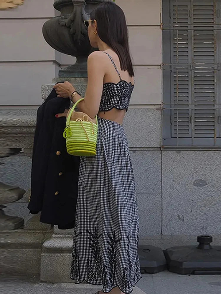 Aiertu  -  Sexy Plaid Print Sling Dress Women Hollow Out Tube Top Backless Sleeveless A-line Dresses 2026 Summer Lady Holiday Vestidos Aiertu