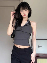 Aiertu  -  Fake Two Pieces Plaid Patchwork Halter Tanks Summer Y2k Aesthetic Slim Vintage Tank Top Streetwear Grunge Pleated Cropped Vest Aiertu