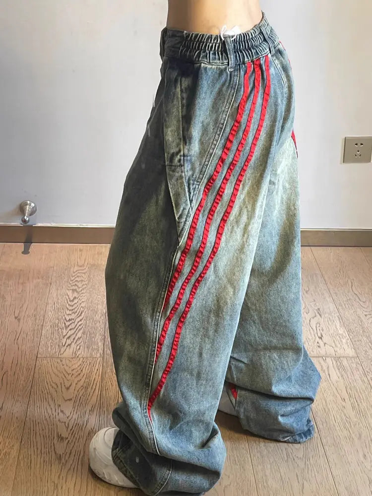 Aiertu  -  Retro Y2k Blue Striped Wide Leg Pants Fashionable Street Loose Straight Jeans Atmosphere Hot Girl Casual Trousers Baggy Jeans Aiertu