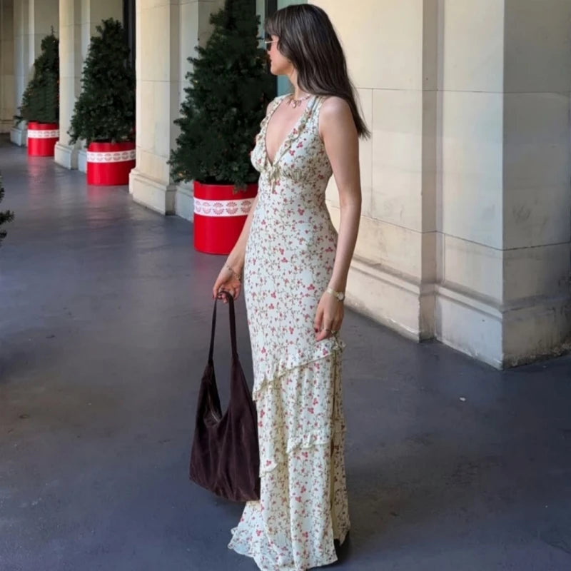 Aiertu  Floral Print Sexy V Neck Ruffles Elegant Bodycon Maxi Dresses Spring Fashion Holiday Streetwear Party Women Vestidos Aiertu
