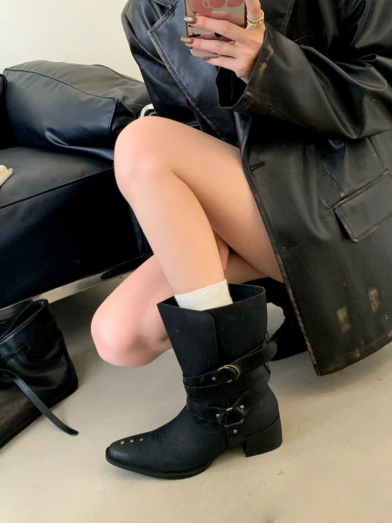 Aiertu    -  Black Chunky Heels Ankle Boots Woman Pointed Toe Rivet Fall Shoes Belt Buckle Western Style Cowboy Boots Zapatos Mujer Aiertu