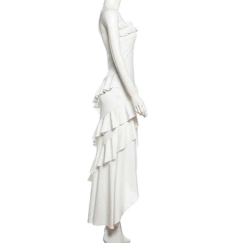 Aiertu  -  Strapless Ruffled Split Long Dresses Elegant Sexy White Asymmetrical Frilly Dresses for Woman Summer Clothes P94-DD49 Aiertu
