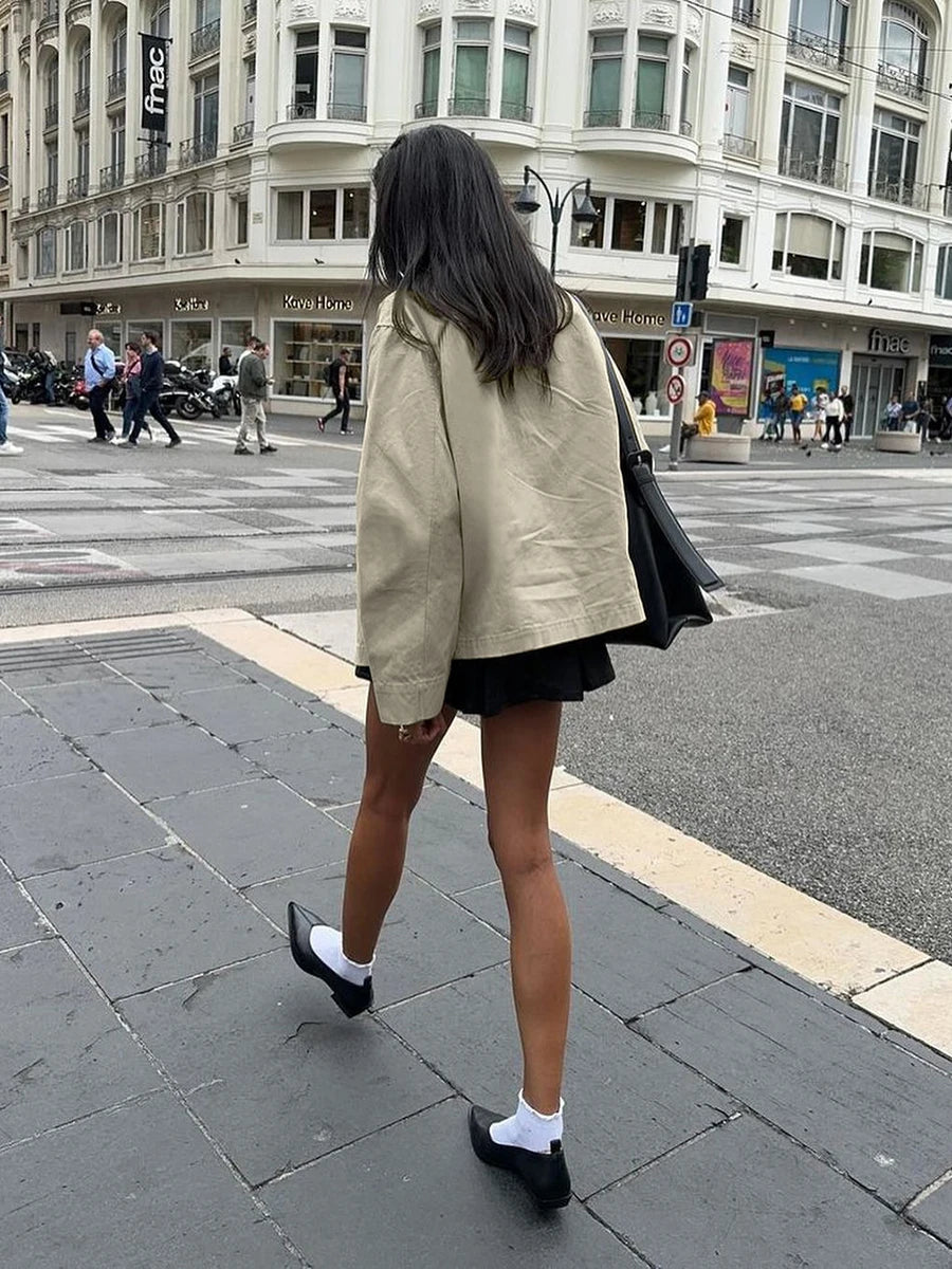 Aiertu  -   New Zipper Khaki Jacket Women Contrast Turndown Collar Long Sleeve Outerwear Autumn Winter Streetwear Vintage Fashion Jackets Aiertu