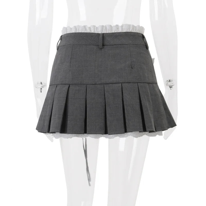 Aiertu  -  Lace Trim Low Waist Pleated Skirt Women Y2k Cutecore A-line Mini Skirts Kawaii Girls P33-DZ19 Aiertu