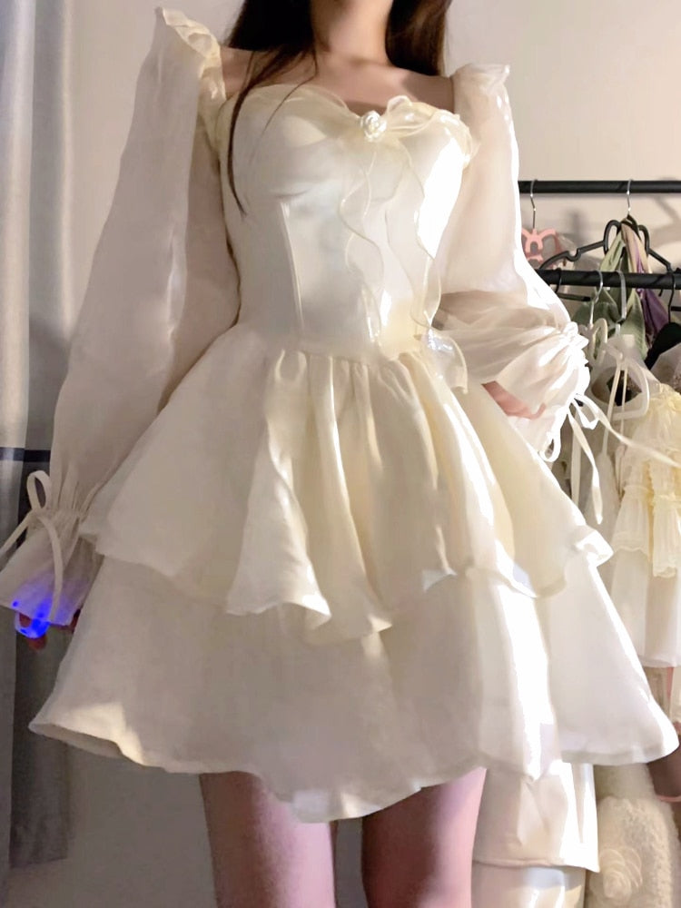 Aiertu  2025  Spring Pure Color French Fairy Mini Dress Y2k Party Slim One Piece Dress Korean Design Lace Sweet Sexy Women Dress Lolita Aiertu