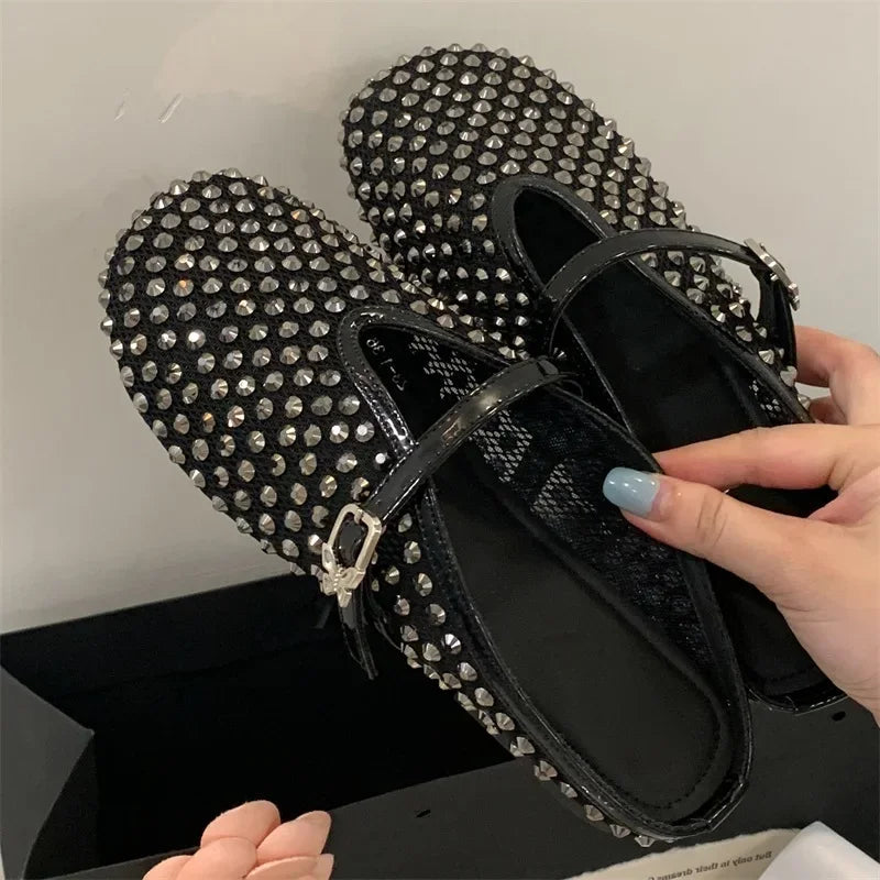 Aiertu  -   Fashion Design Crystal Rhinestone Round Toe Buckle Strap Mules Slippers Women Elegant Low Heels Casual Party Dress Shoes Aiertu