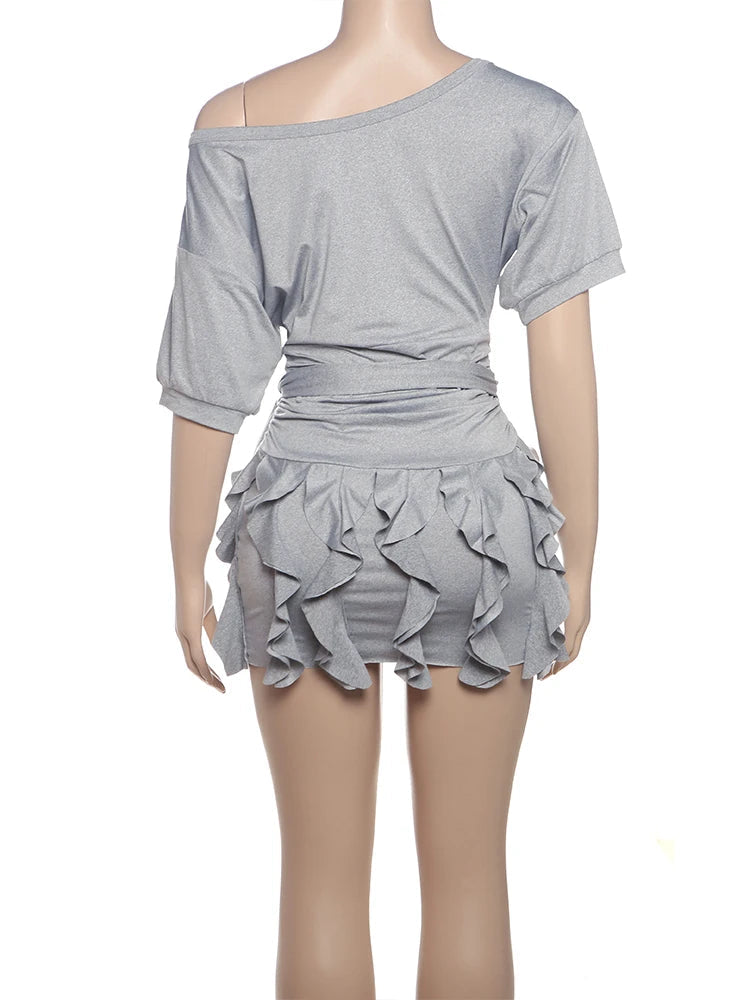 Aiertu  -  Solid Ruched Tassel Mini Dress Women Y2K Style Skew Collar Off Shoulder Short Sleeve Street Fashion Temperament Outfits Aiertu