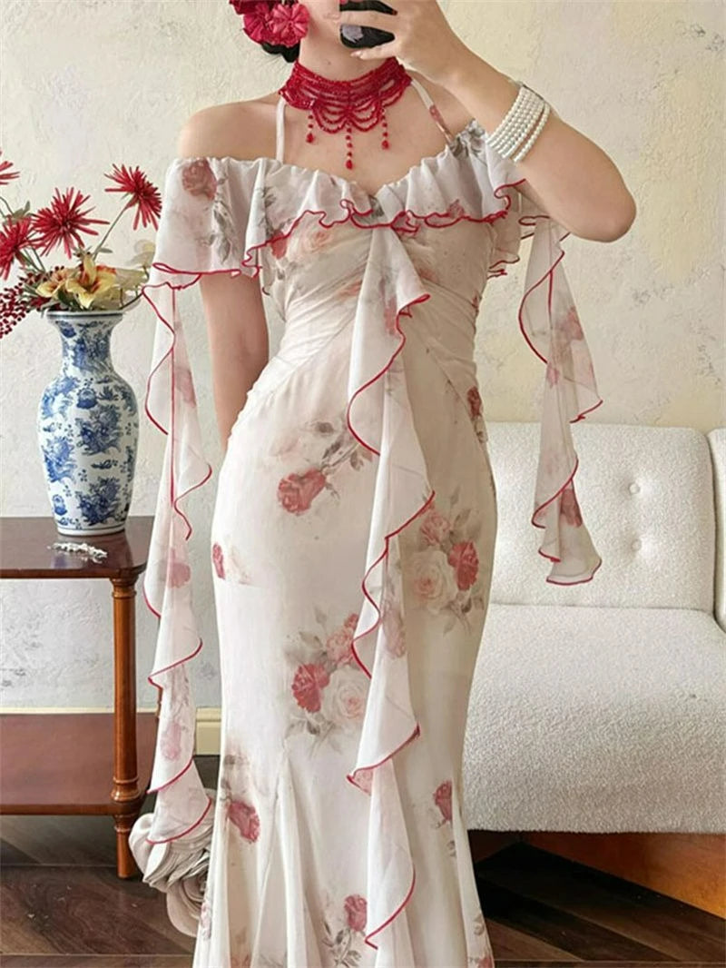 Aiertu  -  Women Off Shoulder Ruffle Maxi Dress Elegant Floral Print Slim Fit Long Dress Vintage Fairy Style Summer Party Dress 2025 New Aiertu