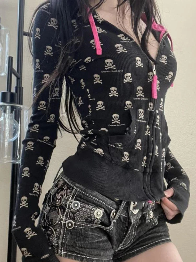 Aiertu  -  Vintage Punk Skull Printi Harajuku Hoodies Women Casual Vintage Black Hooded Jacket Y2k Aesthetic Crop Zipper Sweatshirt Kpop Aiertu