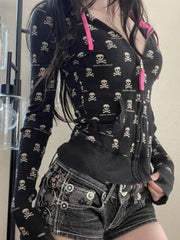 Aiertu  -  Vintage Punk Skull Printi Harajuku Hoodies Women Casual Vintage Black Hooded Jacket Y2k Aesthetic Crop Zipper Sweatshirt Kpop Aiertu
