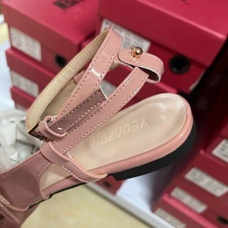 Aiertu  -  French Round Head One-Line Buckle Flat Shoes Women'S Gentle Style Ballet Shoes Back Empty Toe Sandals Aiertu