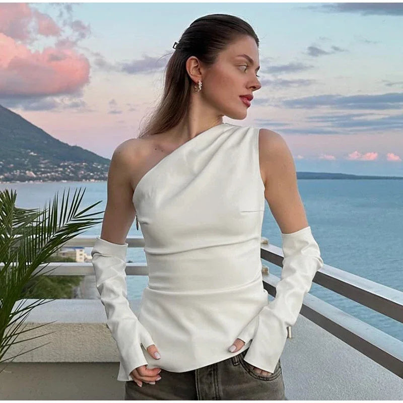 Aiertu     -  Fall Outfits 2026 Slim One Shoulder Leather Waistcoat With Gloves Women Sexy Sleeveless Irregular Vest 2026 Autumn New Lady Chic High Street Tops Aiertu