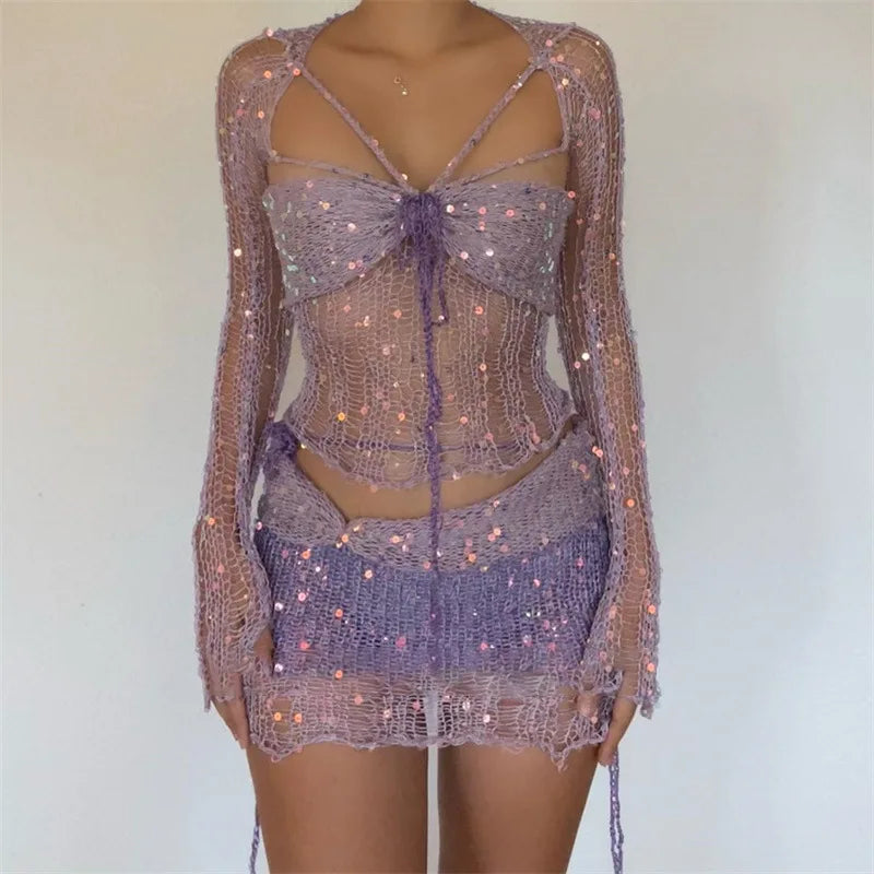 Aiertu  -  Knitted Skirt Sets Sequins Two Pieces Set Long Sleeve Crop Top and Skirt Suit Glitter Sets Sexy Crochet Matching Sets for Women Aiertu