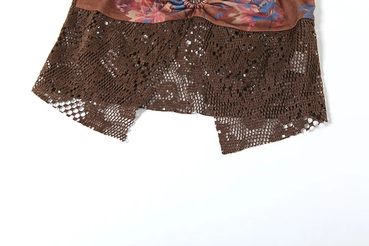 Aiertu  -  Fashion 3 Piece Set Women Flower Print Mesh Patchwork Camisole+Lace-up Briefs+Ruched Knot Skirts Beach Style Outfits Aiertu