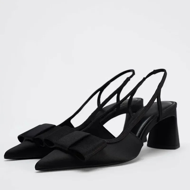Aiertu  -  Pointed Toe Women's Office Shoes 2025 Spring Black Retro Bow Decoration High Heels Shallow Slingbacks Elegant Ladies Pumps Aiertu