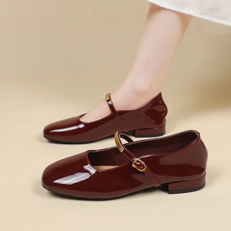 Aiertu  -  Shallow single shoes women 2025 summer new red patent leather evening style square head low heel flat Mary Jane shoes Aiertu