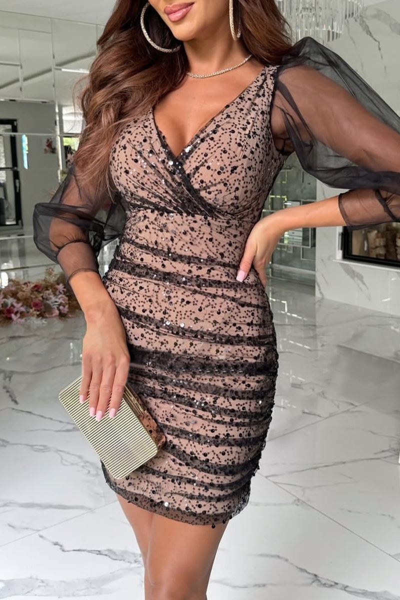 Aiertu  -  Sexy Sequins Sequined Mesh V Neck Wrapped Skirt Dresses Aiertu