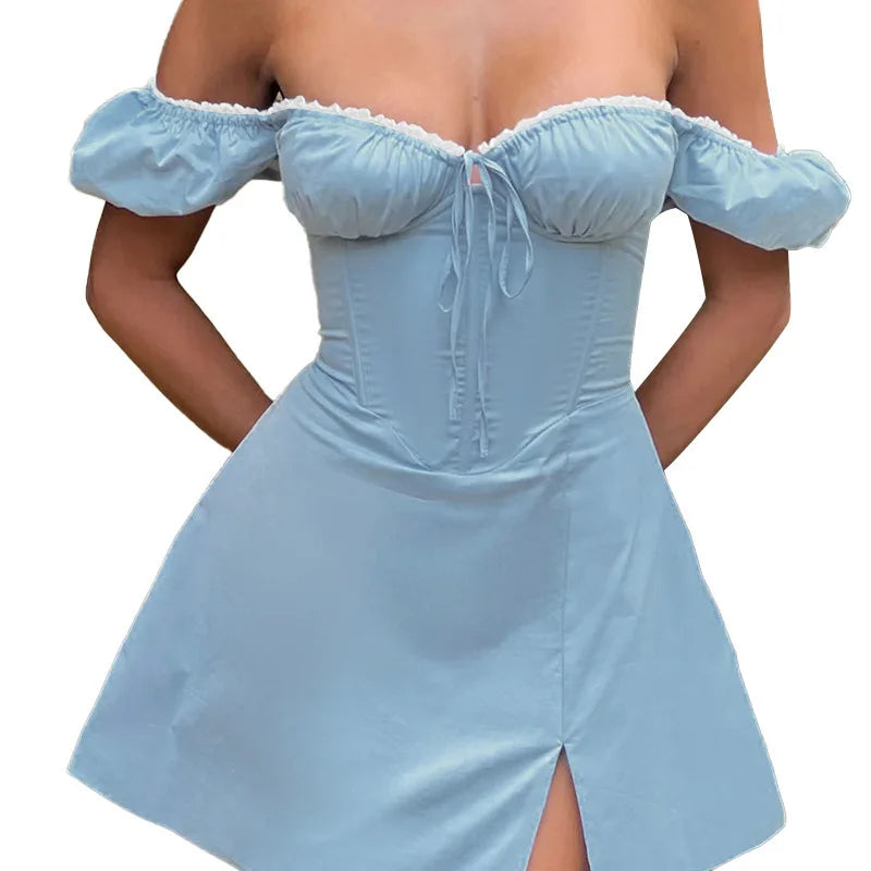 Aiertu  -  European and American women's clothing 2026 summer new one-word shoulder lace split dress sexy short dress Aiertu