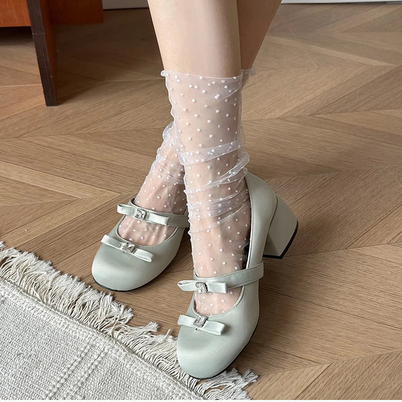 Aiertu  -   Thick Heel Women's Mary Jane Shoes Fashion Butterfly-knot Slip On Shoes Spring Autumn Party Candy Color Shoes Aiertu