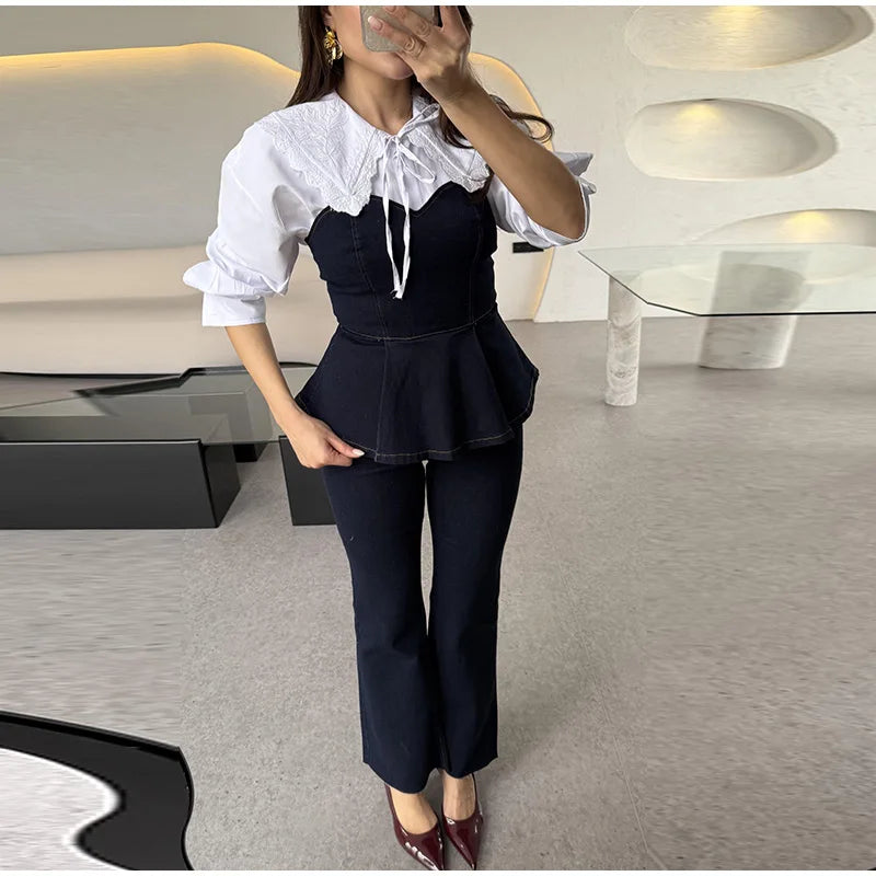 Aiertu  -  Fashion Denim Tank Jeans Set Women Strapless Sleeveless Ruffle Crop Tanks High Waist Flare Pants Female Sets 2025 Spring Summer Aiertu