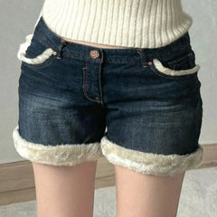Aiertu Casual Sweet Fur Trim Denim Shorts Korean Style Cute Basic Slim Low-Waisted Shorts Women Winter Fashion Streetwear Aiertu