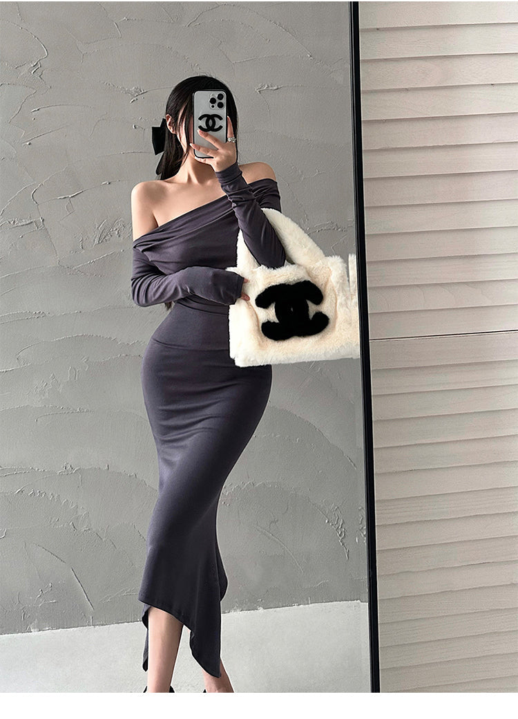 Aiertu Solid Color Slim Off The Shoulder Long Sleeve Dress Aiertu