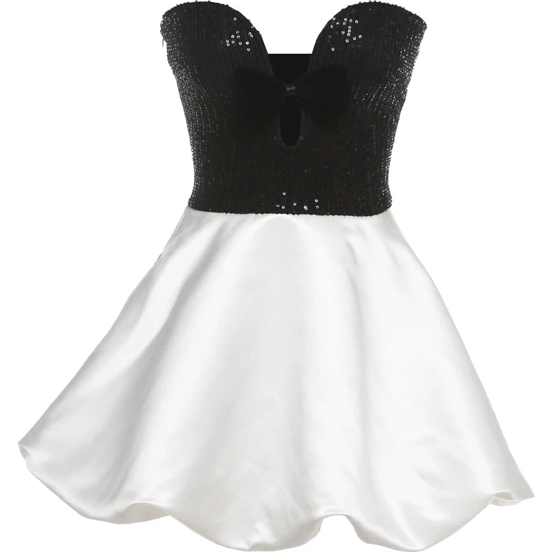 Aiertu  -  Sexy Sequins Patchwork Dress Women Hollow Puffy Contrast Backless Sleeveless Bow Midnight Clubwear Party Mini Bodycon Aiertu