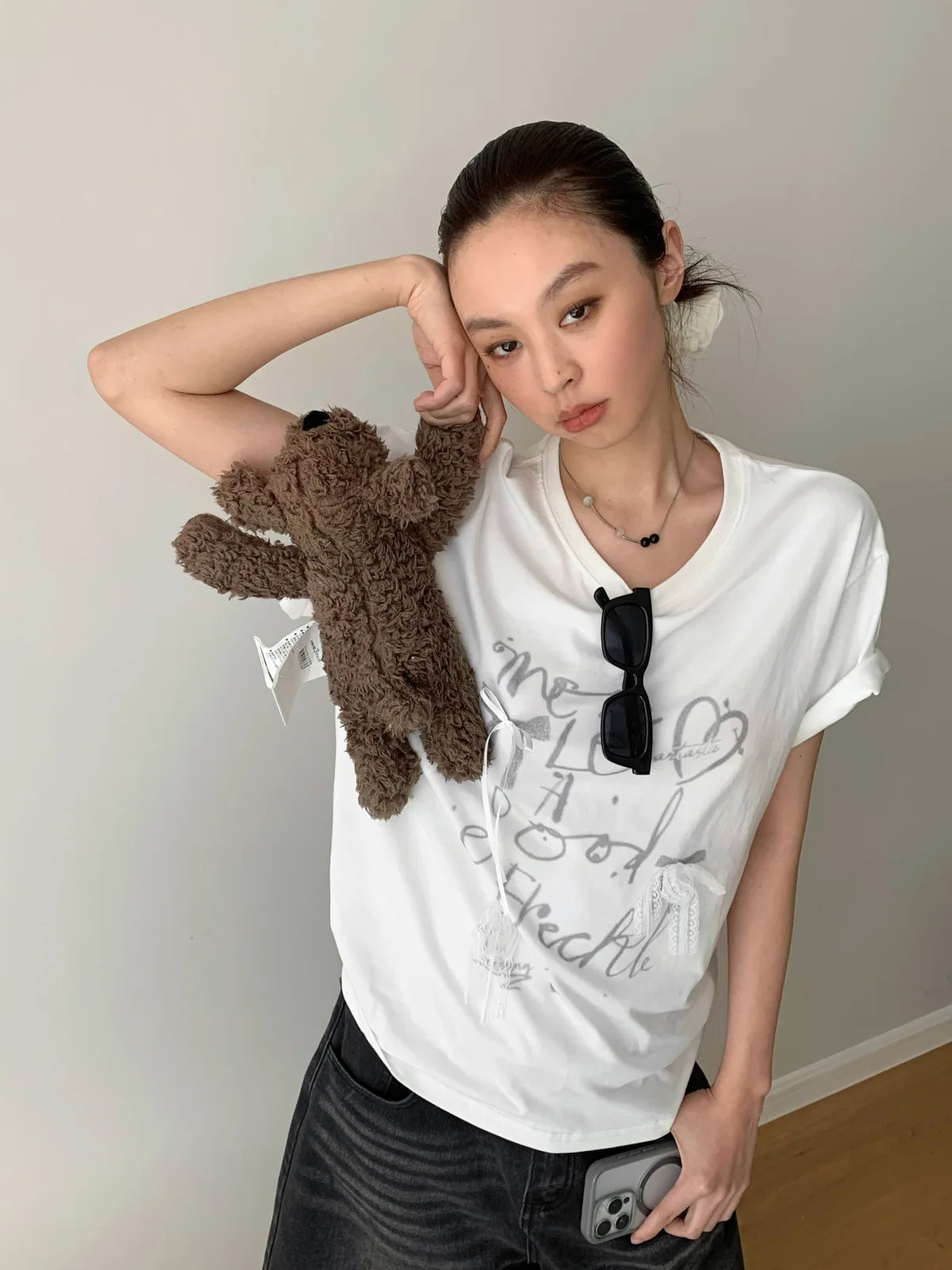 Aiertu  -  Summer new Korean loose letter printing lace bow decoration loose round neck short-sleeved T-shirt Aiertu