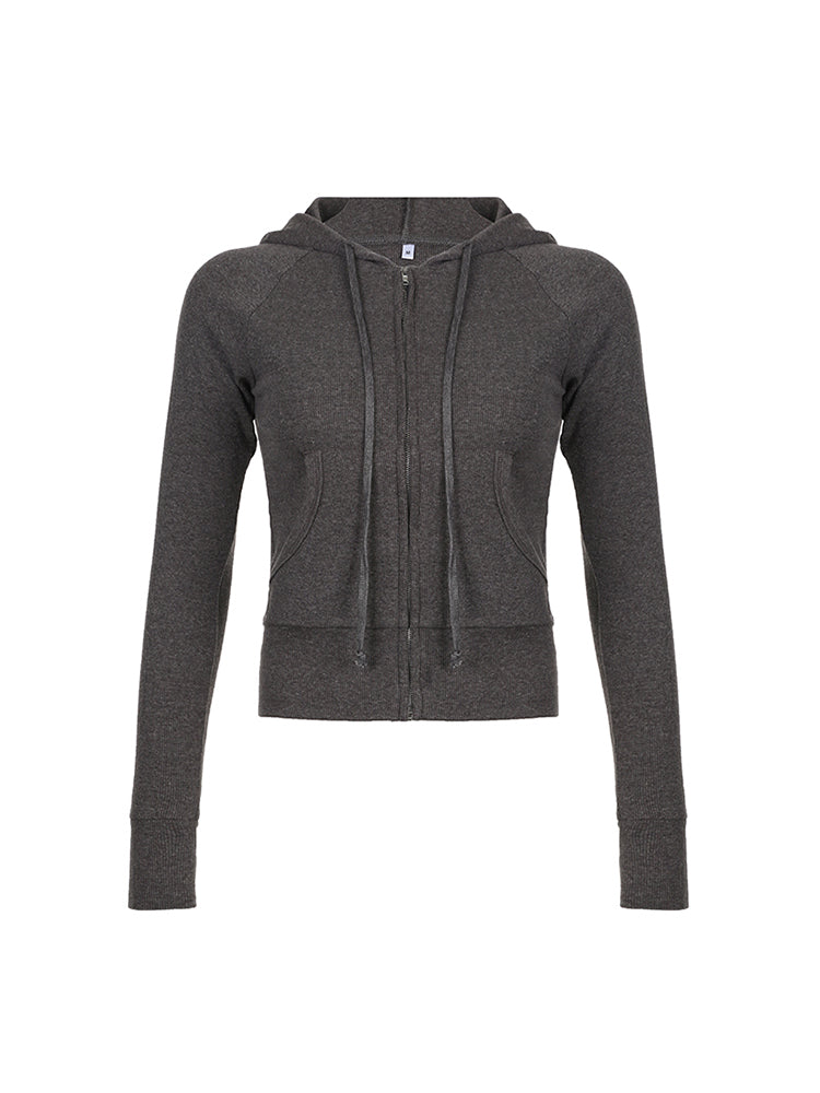 Aiertu - summer inspo Hot Gray Slim Zip Up Jackets Hoodies For Women Pockets Long Sleeve Ribbed Solid Simple Basic Casual Preppy Sweatshirts Aiertu