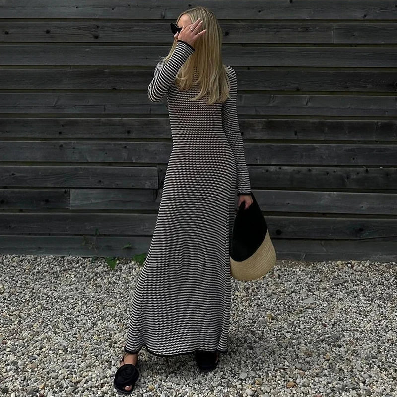Aiertu  -  Vintage Fashion Black and White Striped Maxi Dress Elegant Long Sleeve Tie Back Dresses Beachwear Holiday Autumn Sexy Dress Aiertu