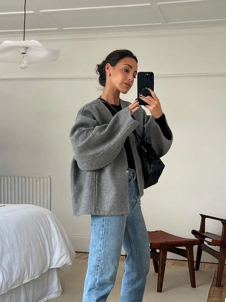 Aiertu  -  Casual Single Button Woolen Coat Women 2026 Long Sleeve Loose Short Autumn Winter Coat Female Elegant Grey Chic V-neck Coats Aiertu