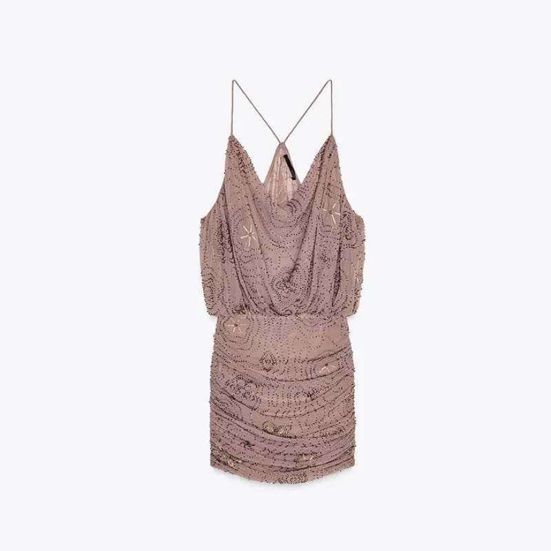Aiertu  Chic Floral Sequin Bead Embroidery Ruffle Sling Dress For Women Y2k Sleeveless Backless Evening Dress Vacation Beach Party Robes Aiertu