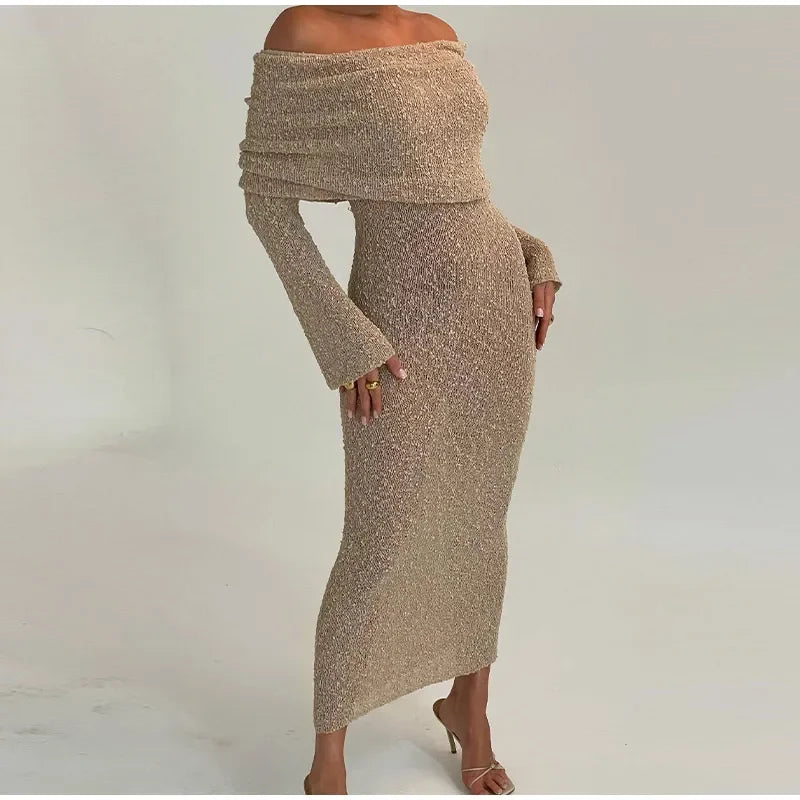 Aiertu  -  Sexy Strapless Knit Dress Women Slim Hollow Out Female Long Sleeve Female Dresses 2026 Spring Summer Fashion Beach Holiday Robe Aiertu