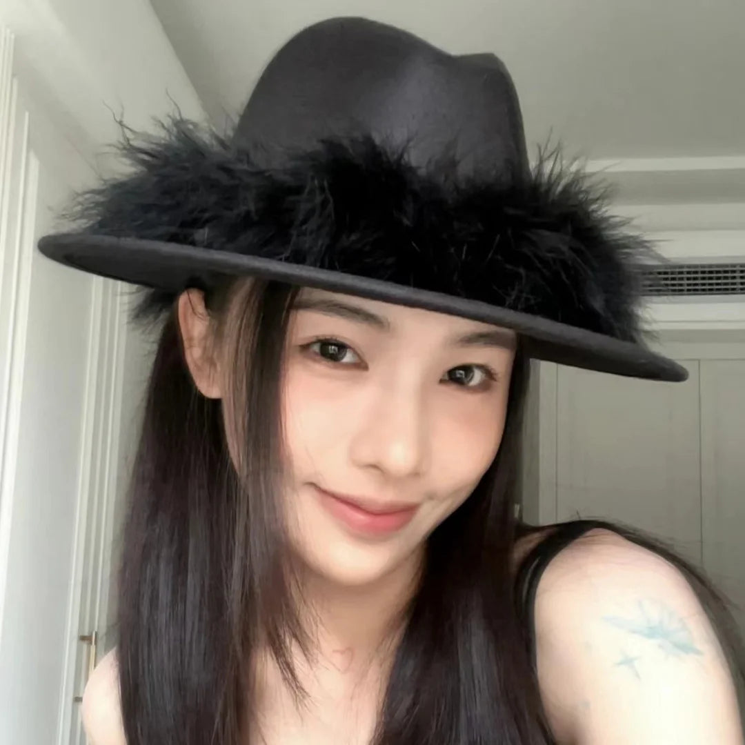 Aiertu  -  Black Fedora Hat For Women Men British Style Outdoor Flat Brim Top Hat Female Ostrich Fur Furry Wide Brim Party Cap Lady Aiertu