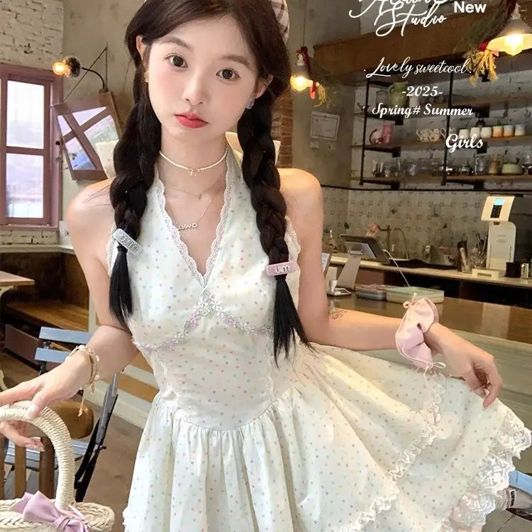 Aiertu  -   Sweet Hot Girl Pure Desire Halter V-neck Sleeveless Lace Edges Dresses Women Summer Dot Print Waist Slimming Short A-line Dress Aiertu