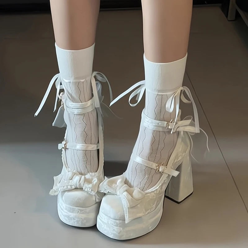 Aiertu  -    Platform High Heel Women's Mary Jane Shoes Fashion Butterfly-knot Shoes Spring Autumn Wedding Party Shoes Aiertu