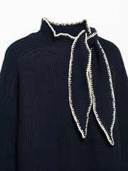 Aiertu  Women Fashion With Bow Black Pullover Knitted Sweater Vintage O-Neck Long Sleeves Female Chic Lady Tops Aiertu