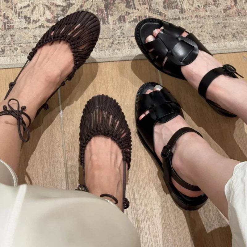Aiertu  -  Summer Low Heels Roma Sandals Fashion Outdoor Woven Hollow Women Sandals Casual Lace-up Round Head Sandals Aiertu