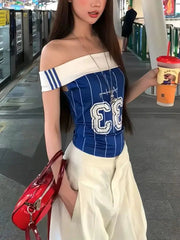 Aiertu  -  hot girl printed one-shoulder short-sleeved top for women's spring and summer design sporty style short off-shoulder T-shirt Aiertu