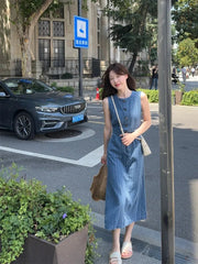 Aiertu  -  Sweet Hot Girl Vacation Style Sleeveless Denim Dress for Women's Summer O-neck Slim Fit Long Dress Fashion Female Clothes Aiertu