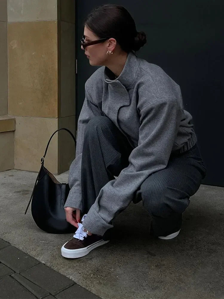 Aiertu     -  Fall Outfits 2026 Women Solid Stand Collar Wool Blends Bomber Jacket Fashion Elegant Long Sleeve Cropped Coat Autumn Casual Lady Commute Outwears Aiertu